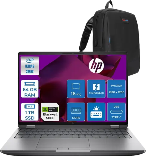 Hp Zbook Fury G1I Intel Ultra 9 285HX Ddr5 64 GB 512 GB+512 GB SSD 24 GB/RTXPRO5000 Wuxga 400NITWi-Fi 7+Bt 5.4 Windows 11 Pro Aı Iş Istasyonu 5F9T8ESP38
