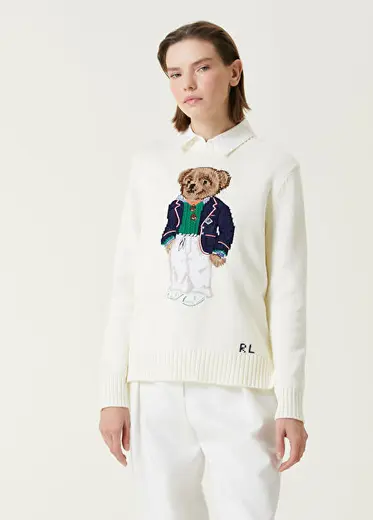 Polo Bear Krem Logo Jakarlı Kazak