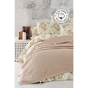 Vionel Home %100 Pamuklu Çift Kişilik Pike, Waffle Desen, Ponponlu Pike Kahveregi