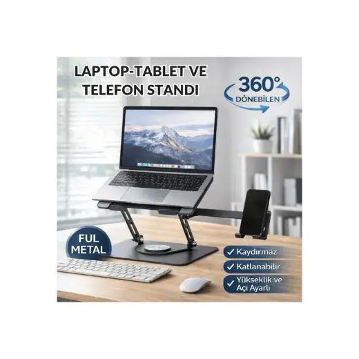 Polham 360 Dönebilen Full Metal Laptop Tablet Telefon Standı – Katlanabilir, Kaydırmaz, Yükseklik ve Açı Ayarlı Ergonomik Masaüstü Stand