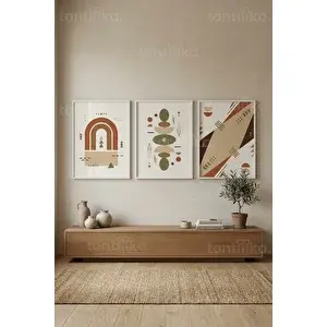 Tontilika Bohem Soyut Geometrik Formlar 3’lü Ahşap Çerçeveli Tablo Seti 30x42 cm