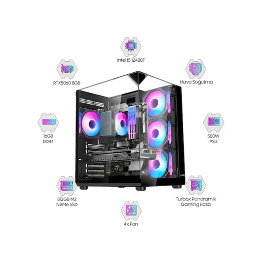 Dragos DRX7934 i5-12400F 16 GB 512 GB NVMe SSD RTX5060 Free Dos Oem Paket Masaüstü Oyuncu Bilgisayarı