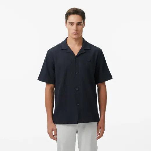 Erkek Relaxed Fit Kısa Kollu Çizgili Koyu Gri Gömlek