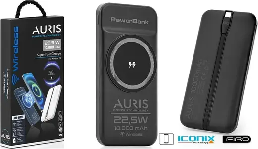 Auris WP19 10.000 mAh Powerbank, 15 Watt Wireless Charging, Beyaz