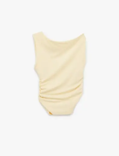 Asimetrik Yaka Slim Fit Kolsuz Drapeli Bluz