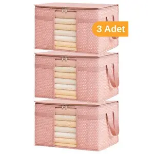 Serstil 3 Adet - Pencereli Kazak Kıyafet Hurcu 45 X 40 X 30 Cm - Pembe Benekli
