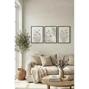 Tontilika Doğal Çizgi Sanatı 3’lü Ahşap Çerçeveli Tablo Seti 50 x 70 cm