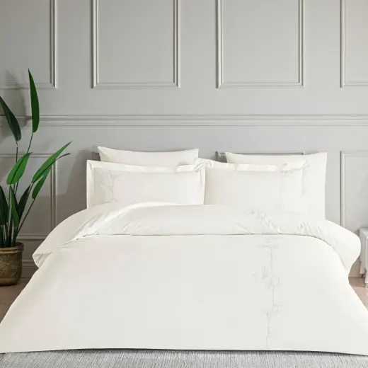 Linens White Collection Magnela UC Pamuk Brode Çift Kişilik Nevresim Takımı Beyaz
