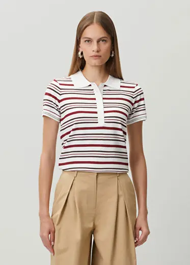 Madison Gri Kırmızı Kontrast Çizgili Polo T-shirt