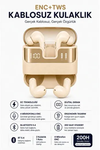 ENC + TWS Kablosuz Bluetooth Kulaklık – Bluetooth 5.4, Çift Dijital Göstergeli Şarj Kutusu, 4 Mikrofonlu Gürültü Engelleme, Type-C Hızlı Şarj, Dokunmatik Kontrol, Deri Dokulu Premium Tasarım,