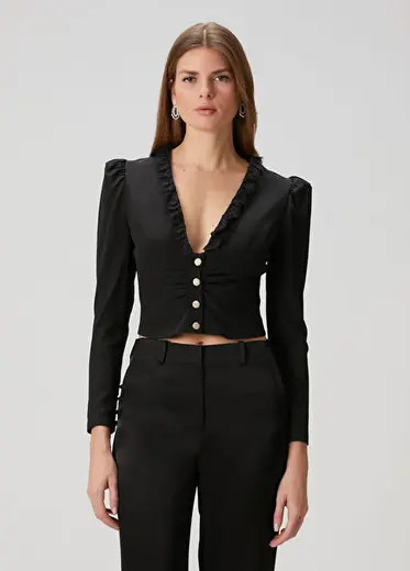 Siyah Taşlı Düğmeli Crop İpek Bluz