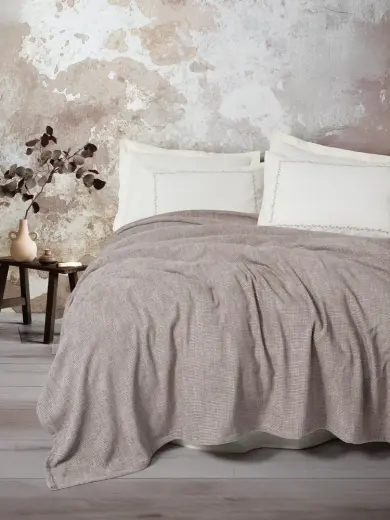 Embrova Şönil Çift Kişilik Yatak Örtüsü/Pike Takımı Loom Bej