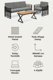 Upstyle Maris Bahçe Balkon Oturma Takımı Teak Masa Antrasit 9