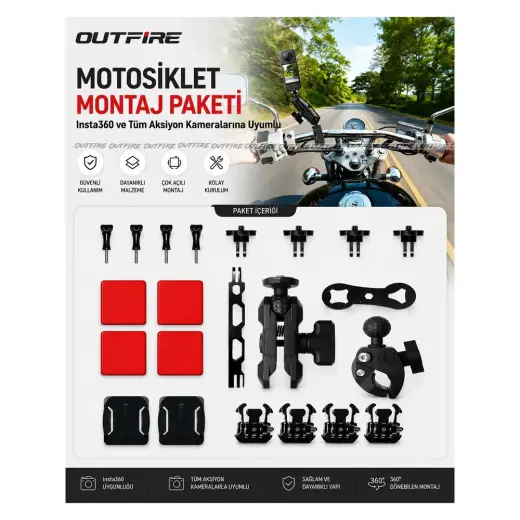 Outfire Motosiklet Montaj Paketi INSTA360 ve Tüm Aksiyon Kameralarına Uyumlu Profesyonel Aksesuar