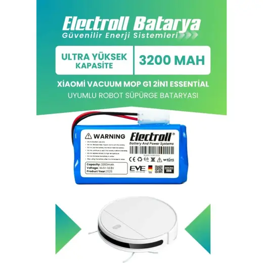 Electroll Xiaomi Vacuum Mop G1 2in1 Essential Batarya (ULTRA YÜKSEK KAPASİTE) 3200 mah Robot Süpürge Pili MJSTG1