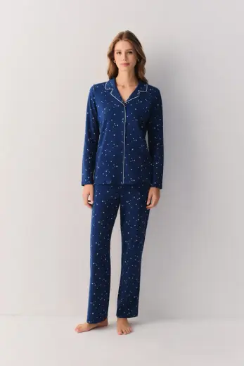 Yıldız Baskılı Dreaming Stars Gömlek Yaka Pamuklu Pijama Takımı