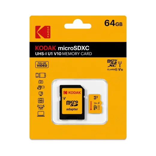 Kodak 64 GB Micro SD UHS-I C10 U1 V10 Hafıza Kartı + Adaptör Sarı Renk ile Güvenilir Veri Depolama