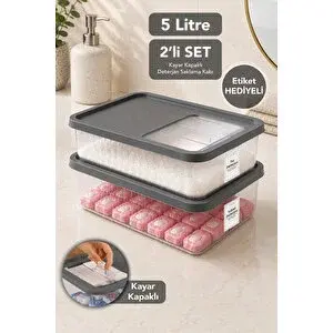 Meleni Home 2'li Deterjan Saklama Kutusu - Sürgülü Kapak Banyo Organizer Toz Tablet Deterjan Kabı 5lt Antrasit