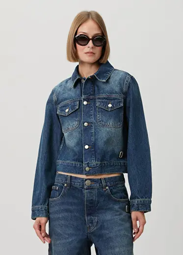 Shrunken Lacivert Denim Ceket