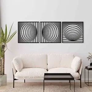 Ent Wood Art Ahşap Duvar Tablosu, 3 Parça Ahşap Modern Kare Oval Dalga Duvar Dekoru, Soyut Desen Duvar Paneli, Siyah 71x71 cm