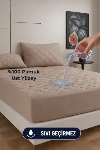 %100 Pamuk Renkli Kapitone Sıvı Geçirmez Alez Çarşaf - Kahverengi