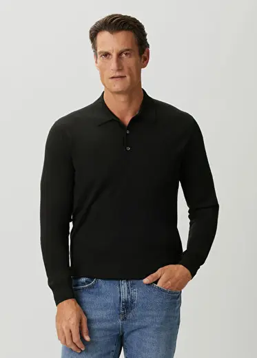Siyah Polo Yaka Yün Triko