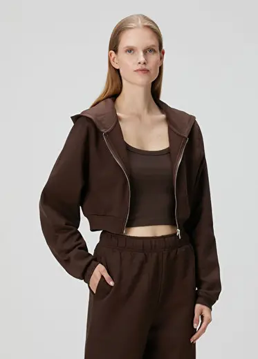 Aura Kahverengi Fermuarlı Crop Hoodie