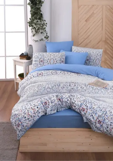 Mystory Home Lastikli Çarşaflı Çift Kişilik Nevresim Takımı Bluem Mavi
