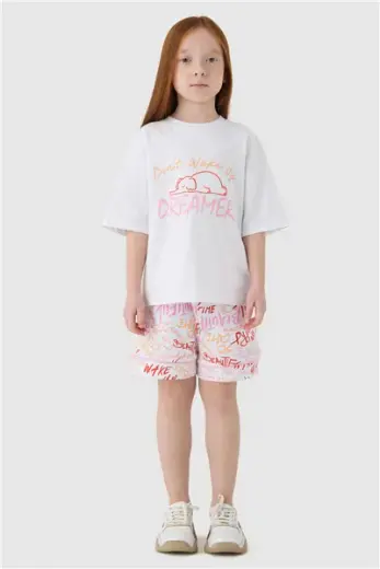 Tyess Kız Çocuk Beyaz Manşetli Paça Pijama Takımı