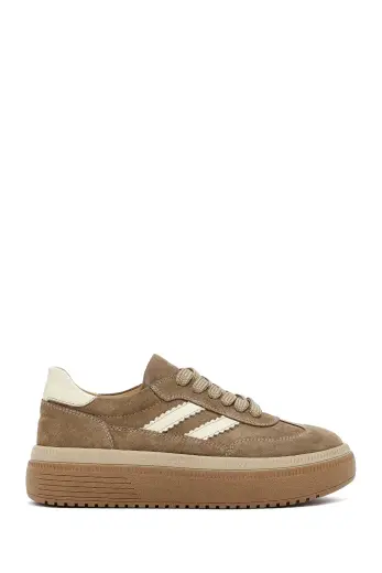 Kadın bej bağcıklı kalın tabanlı süet deri sneaker