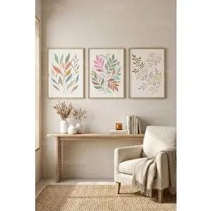 Tontilika Pastel Tonlarda Botanik Esintiler 3’lü Ahşap Çerçeveli Tablo Seti 30x42 cm