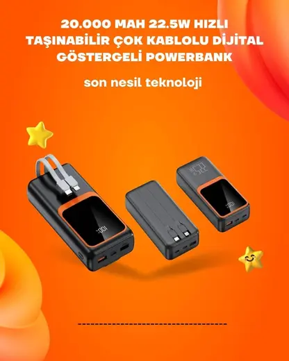 20.000 mAh 22.5W Dahili Kablolu LCD Ekranlı Hızlı Şarj Powerbank