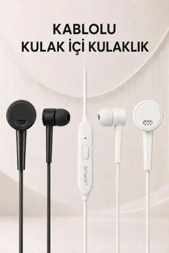 Jopus Yüksek Sesli Stereo Kulak İçi Kulaklık Mikrofonlu 3.5 mm Aux Jack Girişli 1m Kablo Tak Çalıştır iOS Android Uyumlu Beyaz