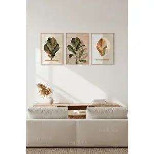 Tontilika Modern Botanik Stilize Bitki Yaprakları 3’lü Ahşap Çerçeveli Tablo Seti 21x30 cm