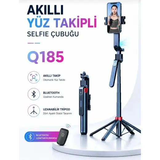 Comse Q185 Akıllı Yüz Takip Özellikli Kameralı Kumandalı Canlı Yayın Selfi Çubuğu Gimbal Tripod