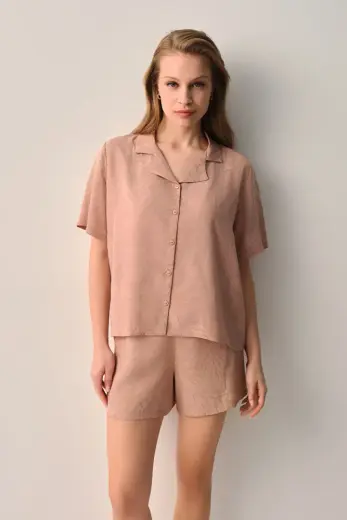 Kahverengi Petra Gömlek Yaka Şort Pijama Takımı