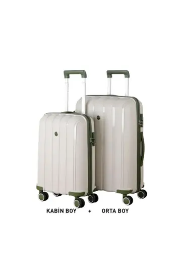 Bavul Orta ve Kabin 2li Set Kırılmaz Silikon Valiz V305 KemikHaki