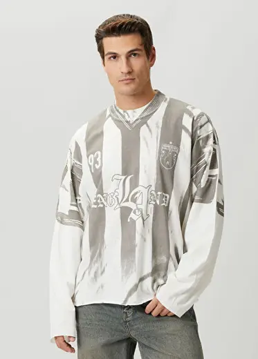 Beyaz Gri Uzun Kollu T-shirt