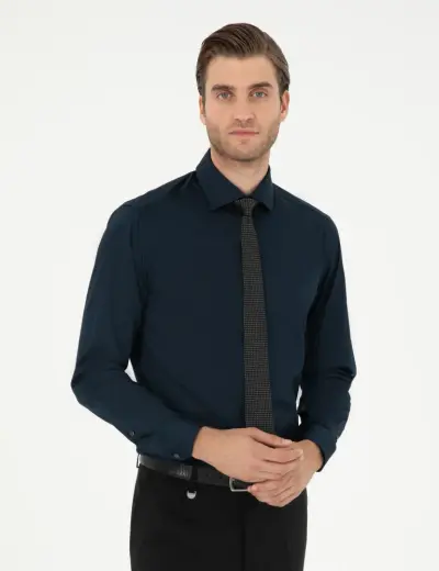 Lacivert Likralı Kolay Ütülenebilir Ekstra Slim Fit Basic Gömlek