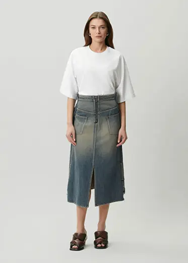 Reversed Mavi Midi Denim Etek