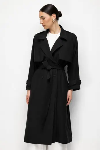 Mizalle Oversize Siyah Tencel Trençkot