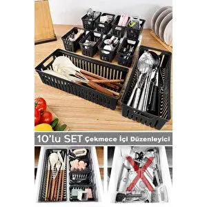 Meleni Home 10 Parça Modüler Çekmece İçi Organizer Set - Banyo Mutfak Makyaj Aksesuar Ofis Düzenleyici Siyah
