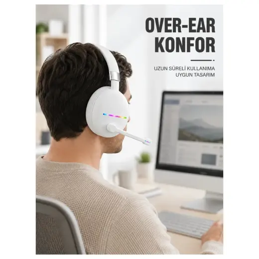 Masa Dostu Beyaz Bluetooth 5.0 Mikrofonlu Kablosuz Kulak Üstü Kulaklık Rgb Işıklı Type-C Şarjlı Tdms-07