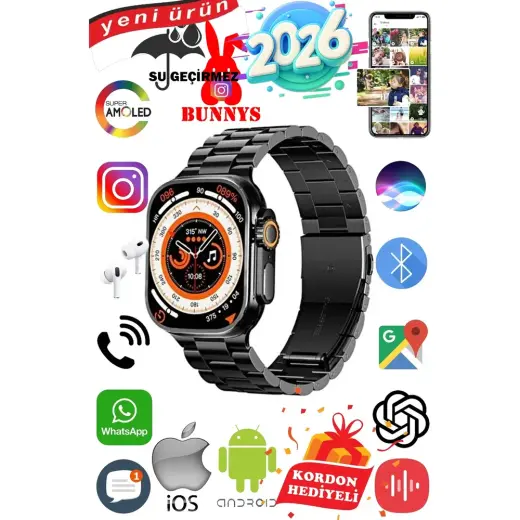 Bunnys Samsung Galaxy S25 Uyumlu Su Geçirmez Akıllı Saat Ultra 49MM Kordon Hediyeli 4gb Amoled Ekran