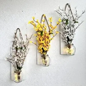 ST Dekor Led Işıklı, Beyaz Ve Sarı Sakura Çiçekli Duvar Dekoru Üçlü Set Beyaz