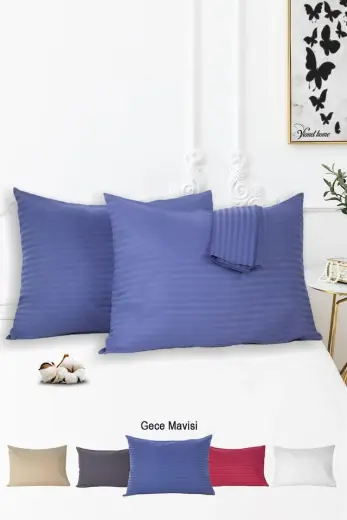 Vionel Home Pamuklu Çizgili Saten Yastık Kılıfı Gece Mavisi 2'li 50 x 70