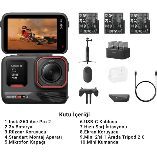INSTA360 Ace Pro 2 8k Aksiyon Kamerası Içerik Üretici Kiti – Leica Lens, 3x Batarya, Tripod, Aktif Hdr