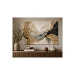 Mgi Design Modern Soyut Dağ Manzarası Kanvas Tablo Bej Krem Mavi Ve Gold Tonlu Dekoratif Duvar Tablosu Salon Yatak Odası Oturma Odası Minimalist Ev Dekoru A | Modern Duvar Dekoru | Salon, Yatak Odası Ve Ofis İçi 35x50 cm