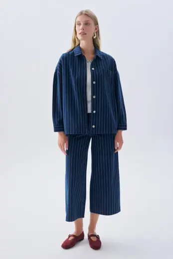 Kadın Koyu İndigo Çizgili Cloutte Fit Jean Pantolon