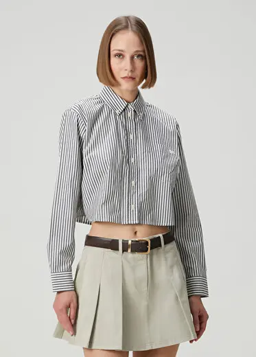 Siyah Beyaz Çizgili Crop Poplin Oxford Gömlek